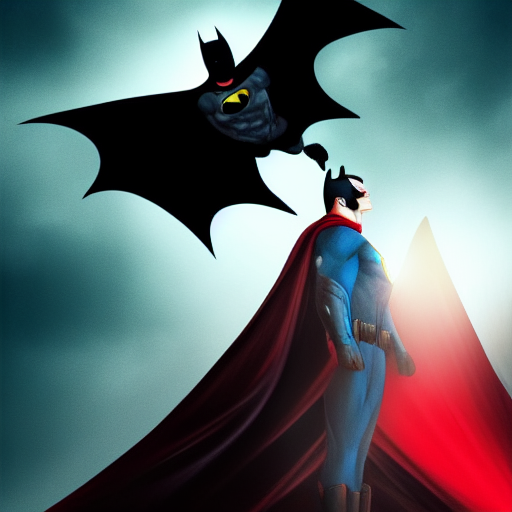 Batman standing with his cape flapping in the wind, holding a batarang, while Superman hovers above him, eyes glowing red.